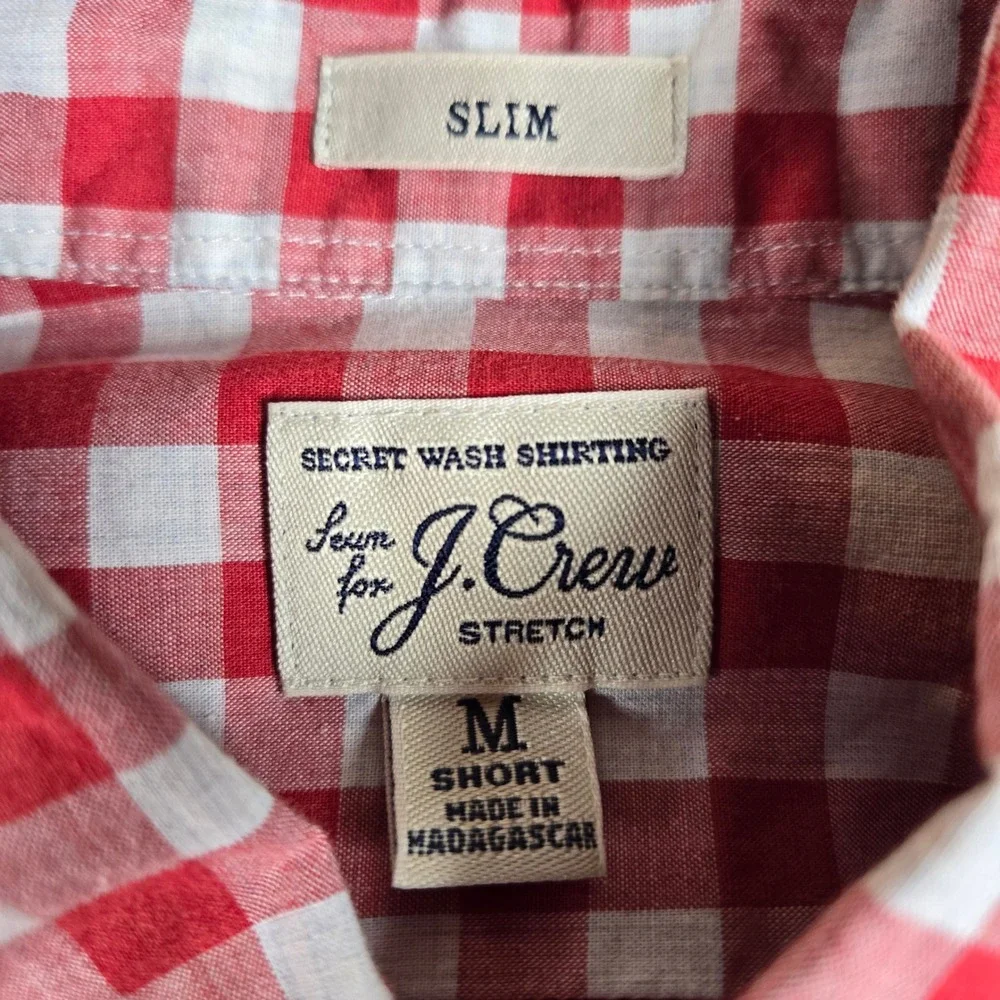 JCrew Mens Secret Wash Stretch Shirt Medium Short Slim Red White Gingham Check